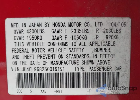 2005 Acura Tsx from USA, damaged, VIN JH4CL96825C019191